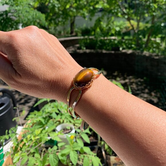 Vtg Genuine Tiger Eye Stone Cuff Bracelet - Picture 2 of 12